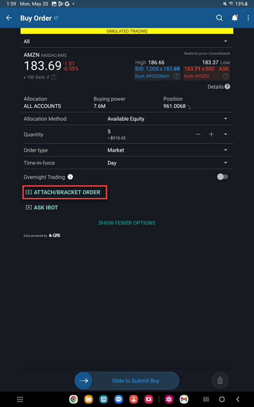 The attached orders menu on the Android Tablet